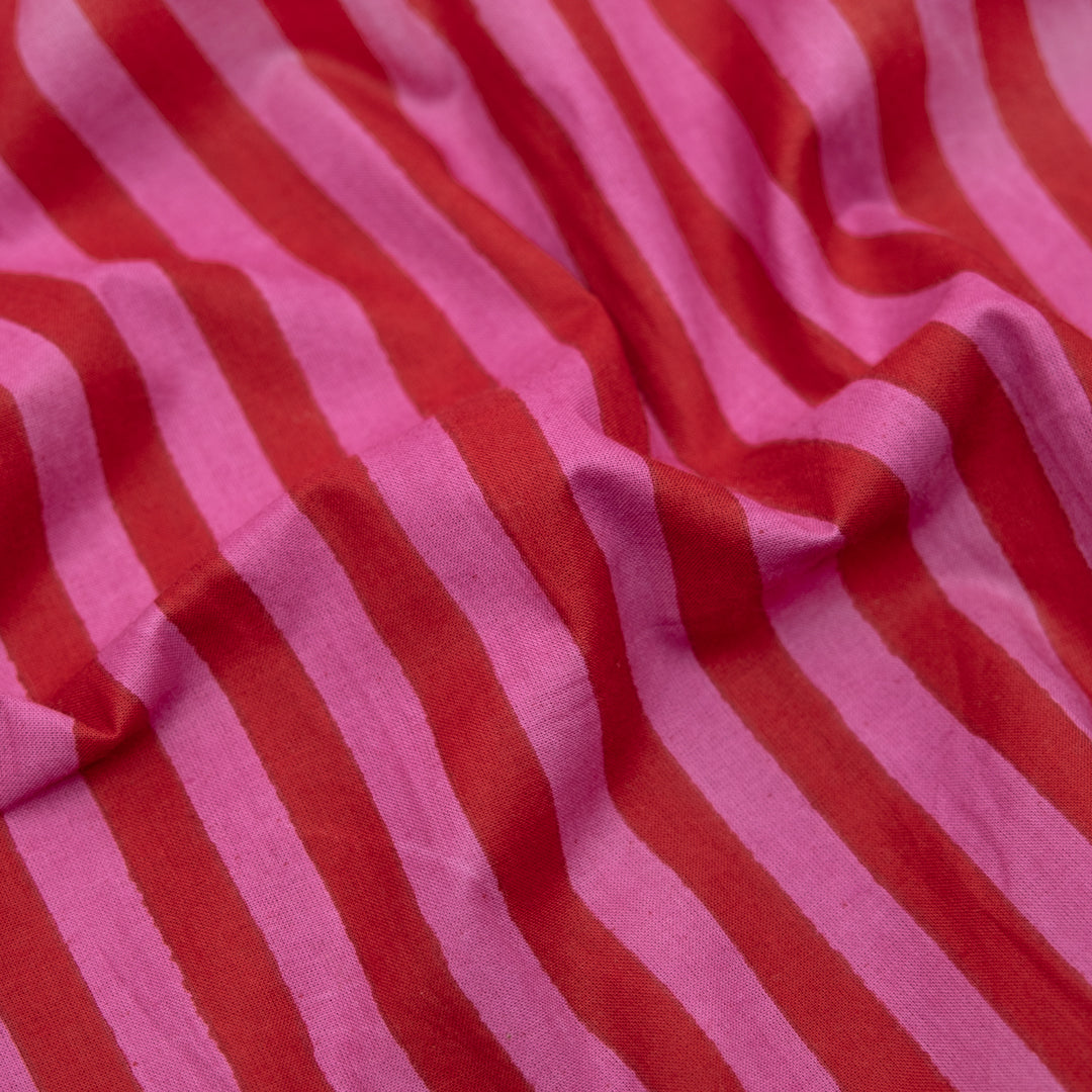 Stripe Block Printed Organic Cotton Batiste - Tomato/Tulip | Blackbird Fabrics