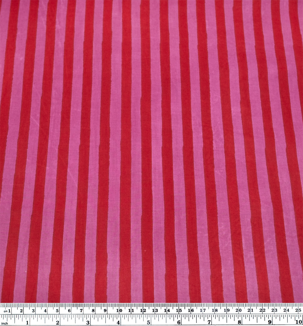 Stripe Block Printed Organic Cotton Batiste - Tomato/Tulip | Blackbird Fabrics