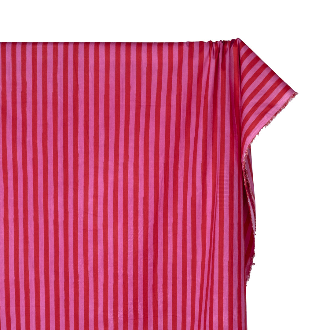 Stripe Block Printed Organic Cotton Batiste - Tomato/Tulip | Blackbird Fabrics