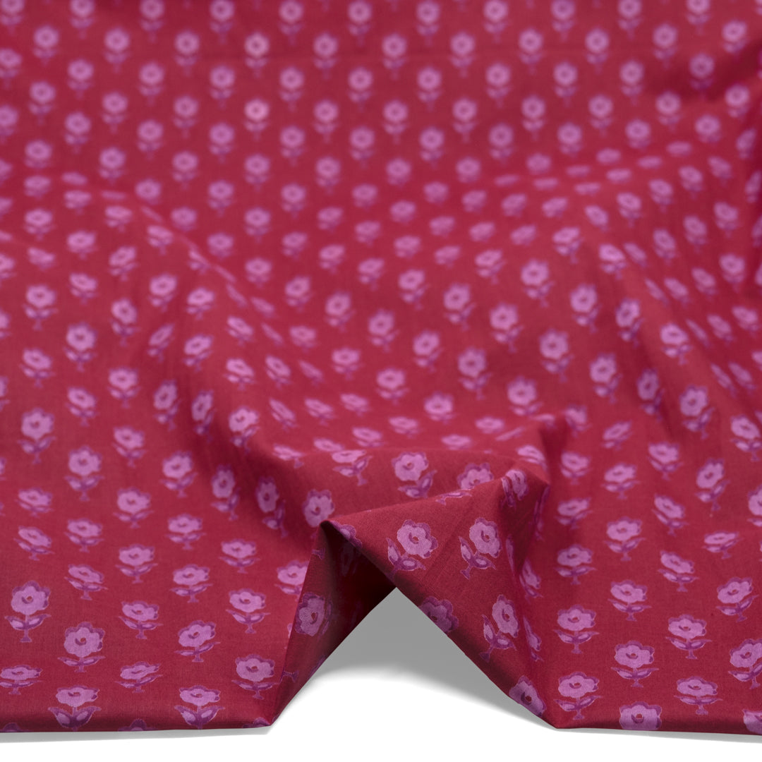 Bloom Block Printed Organic Cotton Batiste - Raspberry/Azalea | Blackbird Fabrics