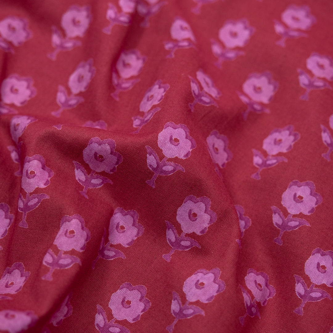 Bloom Block Printed Organic Cotton Batiste - Raspberry/Azalea | Blackbird Fabrics