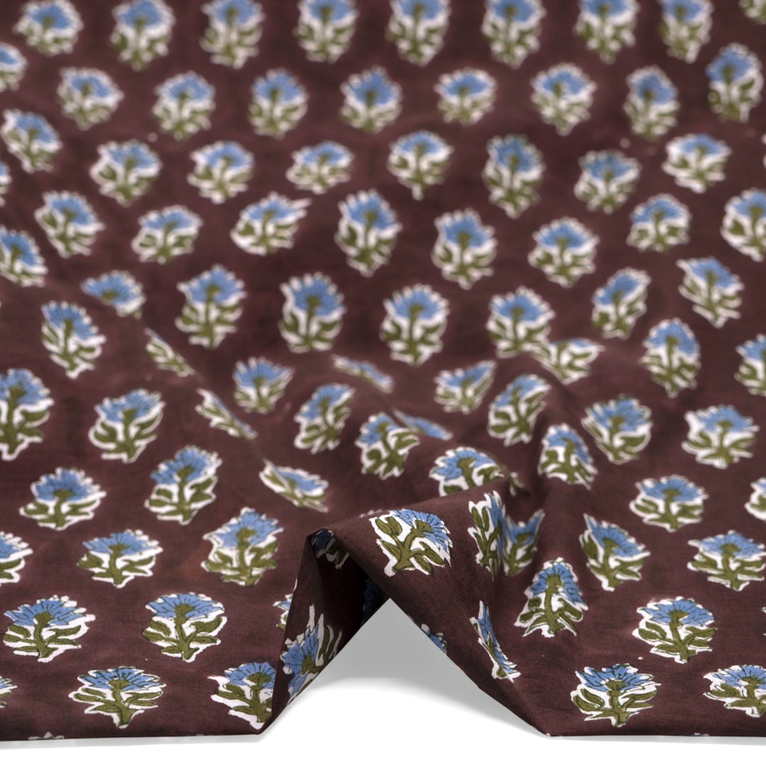 Bloom Block Printed Organic Cotton Batiste - Shadow/Pickle/Cornflower | Blackbird Fabrics