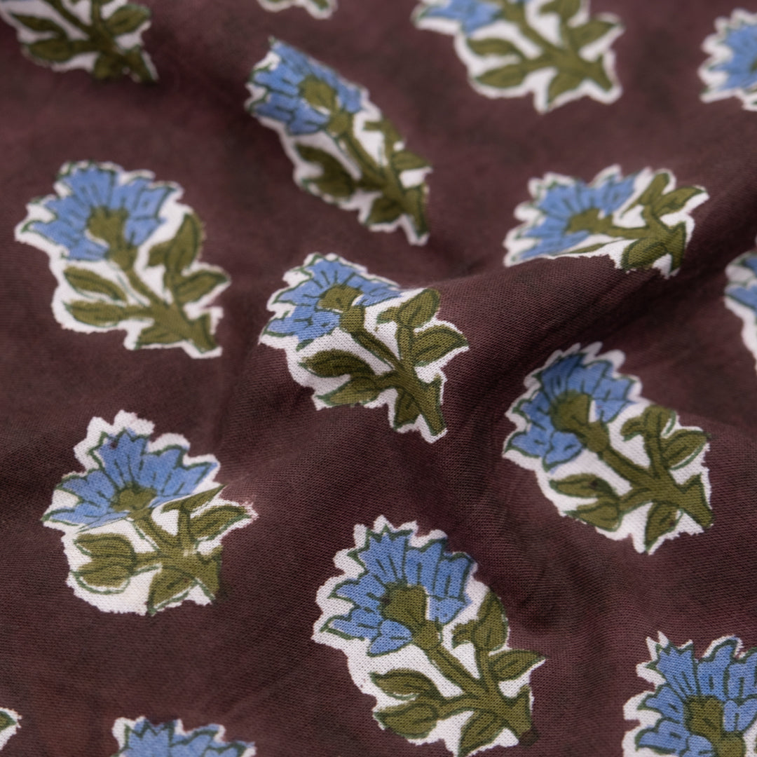 Bloom Block Printed Organic Cotton Batiste - Shadow/Pickle/Cornflower | Blackbird Fabrics
