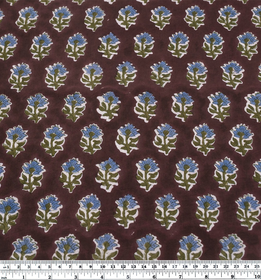 Bloom Block Printed Organic Cotton Batiste - Shadow/Pickle/Cornflower | Blackbird Fabrics