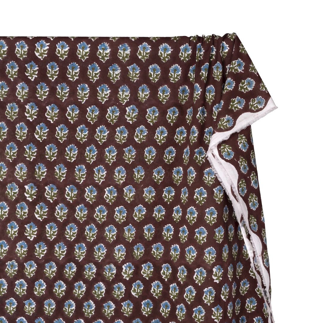 Bloom Block Printed Organic Cotton Batiste - Shadow/Pickle/Cornflower | Blackbird Fabrics