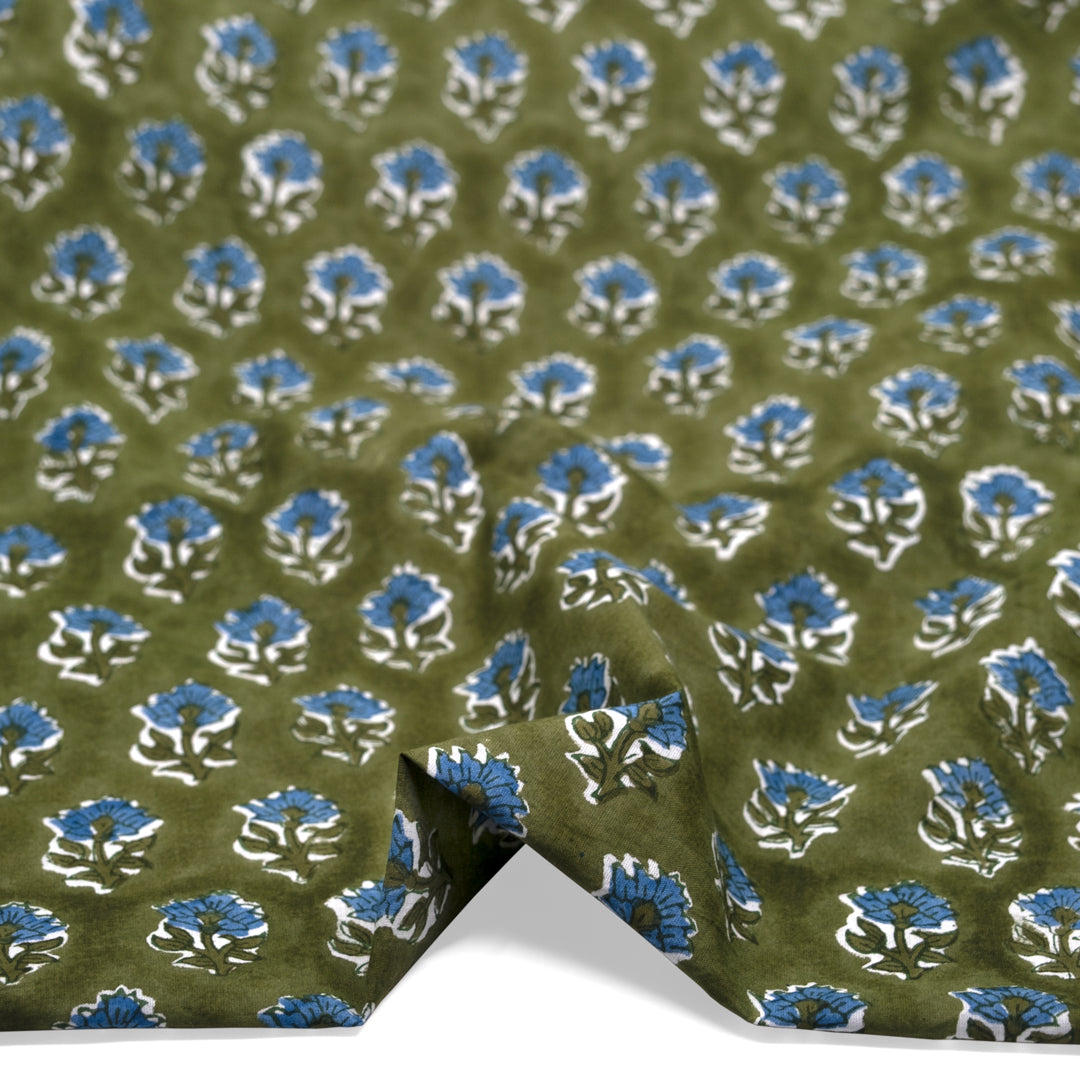 Bloom Block Printed Organic Cotton Batiste - Pickle/Pacific | Blackbird Fabrics