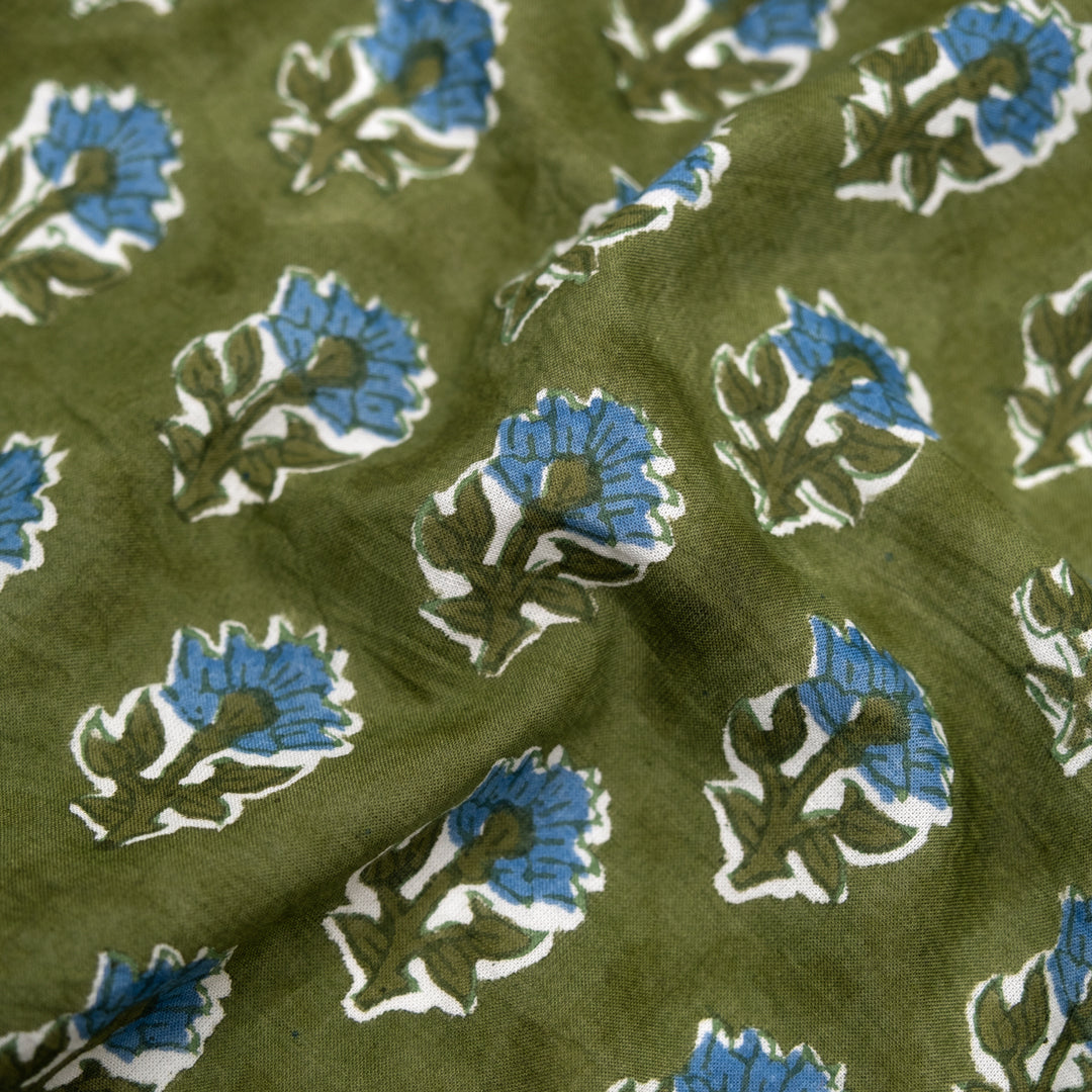 Bloom Block Printed Organic Cotton Batiste - Pickle/Pacific | Blackbird Fabrics
