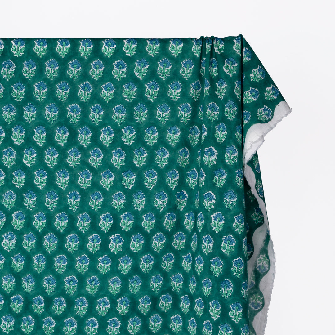 Bloom Block Printed Organic Cotton Batiste - Beetle/Mint/Pacific | Blackbird Fabrics