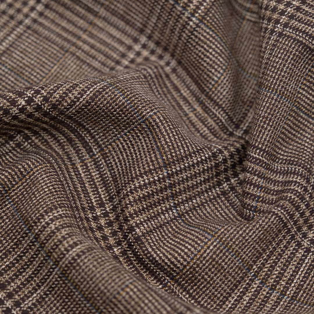Archival Brushed Glen Plaid Suiting - Espresso/Cream/Lagoon | Blackbird Fabrics