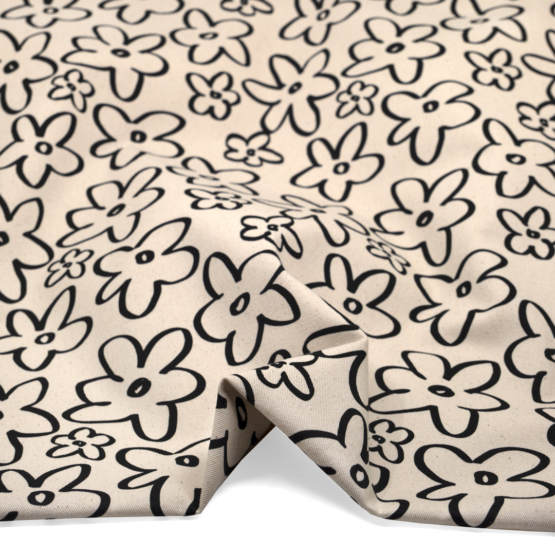 Doodle Daisy Printed Cotton Twill - Natural/Black | Blackbird Fabrics