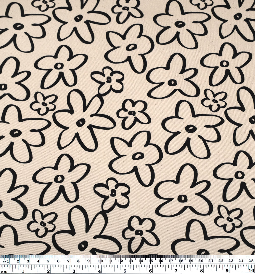Doodle Daisy Printed Cotton Twill - Natural/Black | Blackbird Fabrics