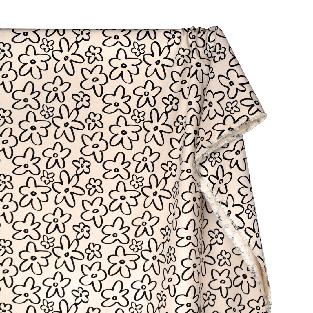 Doodle Daisy Printed Cotton Twill - Natural/Black