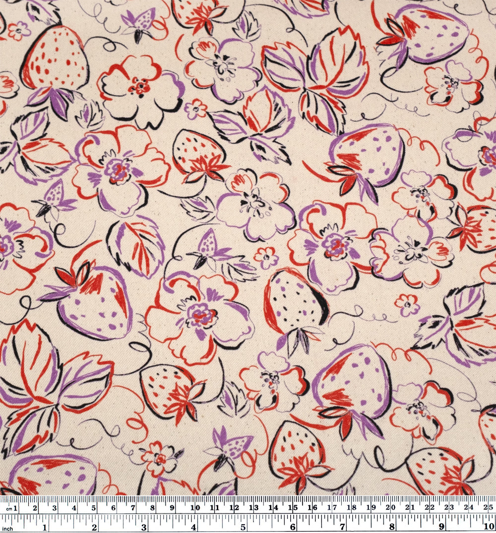 Strawberry Dreams Printed Cotton Twill - Natural/Multi | Blackbird Fabrics