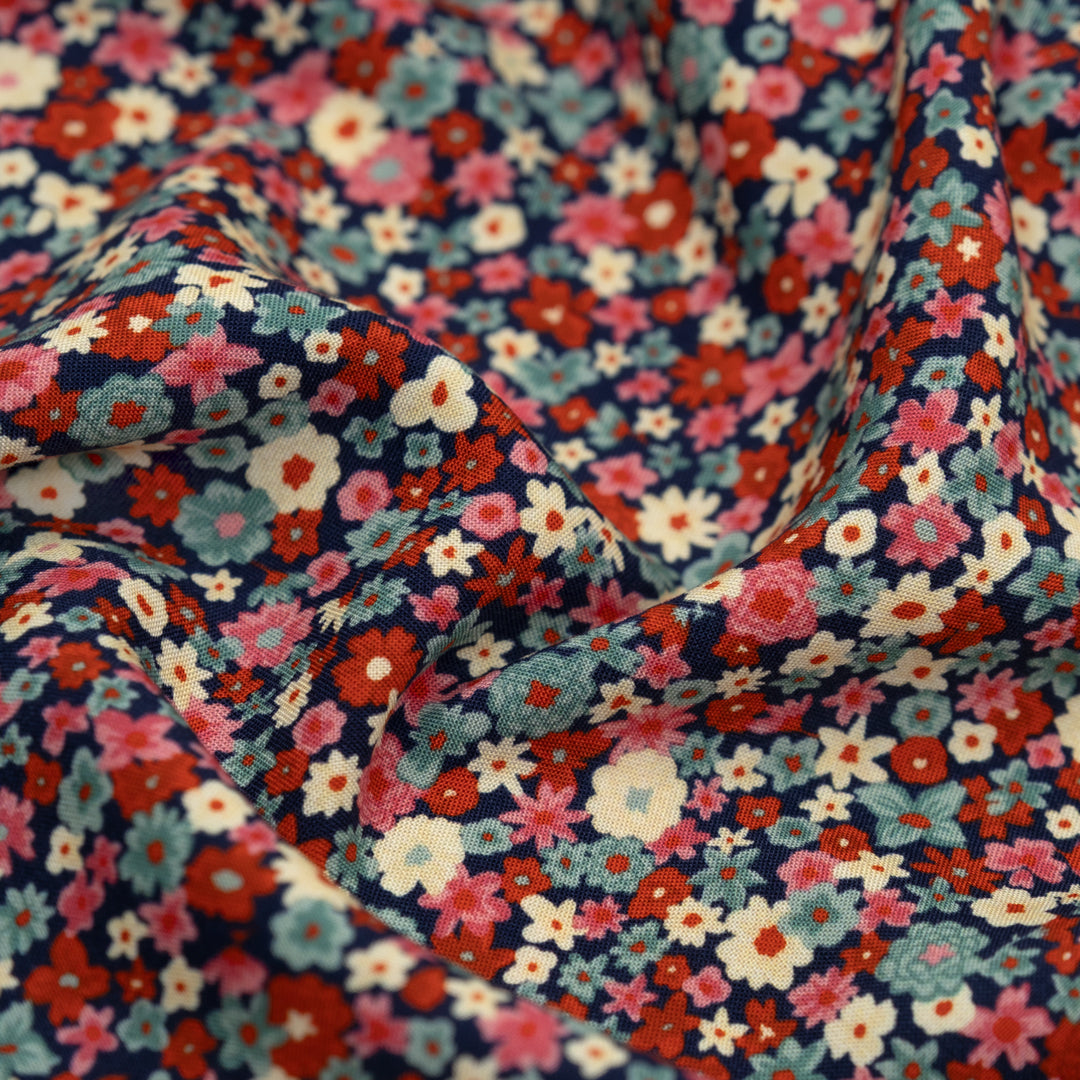 Bloomscape Viscose Challis - Navy/Poppy/Teal | Blackbird Fabrics