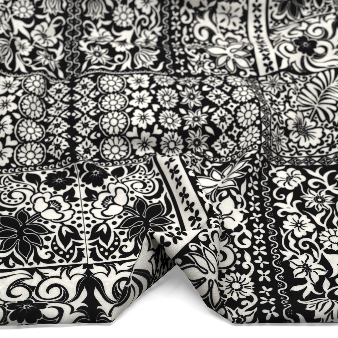 Tuscan Tiles Printed Viscose Challis - Black/White | Blackbird Fabrics