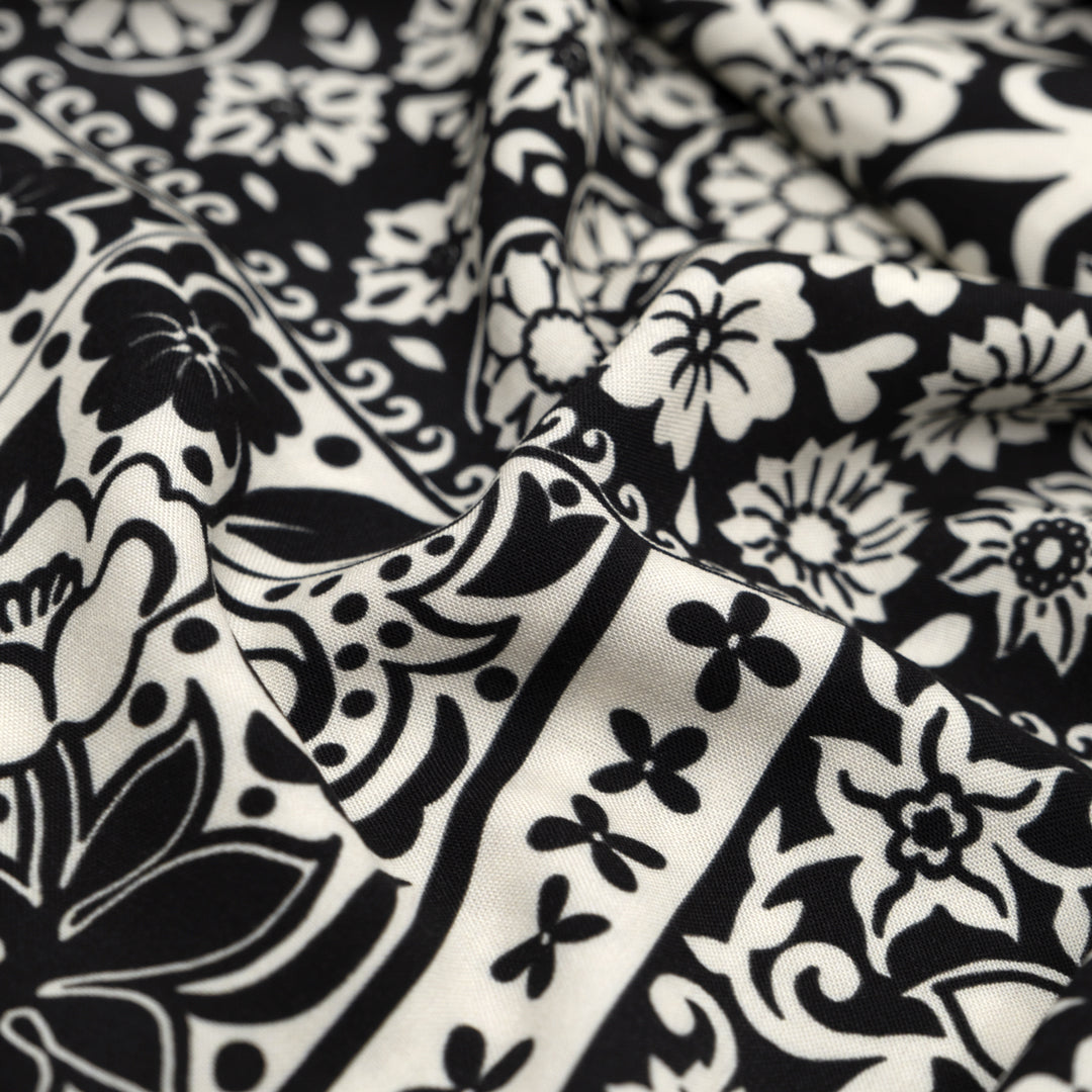Tuscan Tiles Printed Viscose Challis - Black/White | Blackbird Fabrics