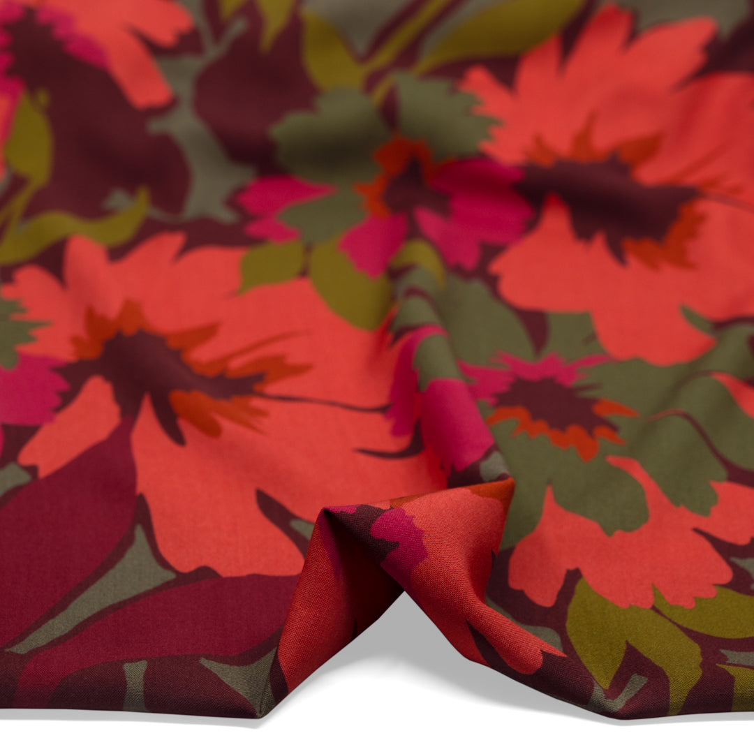 Wild Overgrowth Printed Viscose Challis - Maroon/Papaya/Grass | Blackbird Fabrics