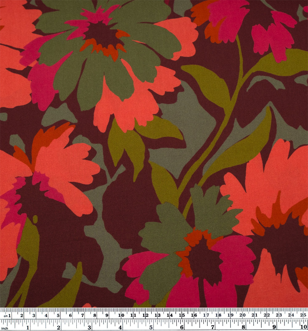 Wild Overgrowth Printed Viscose Challis - Maroon/Papaya/Grass | Blackbird Fabrics