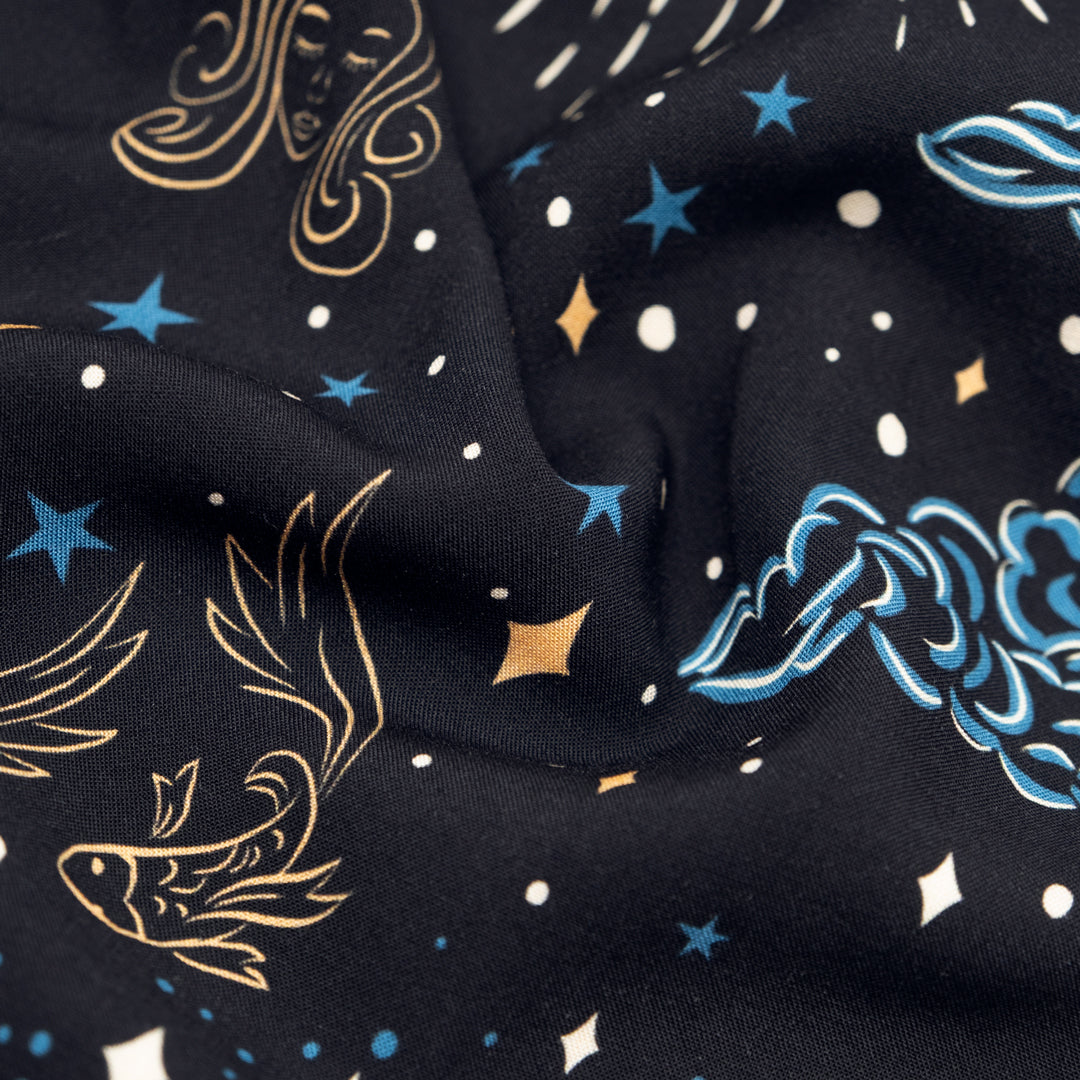 Written In The Stars Printed Viscose Challis - Midnight Blue/Ocean/Ochre | Blackbird Fabrics