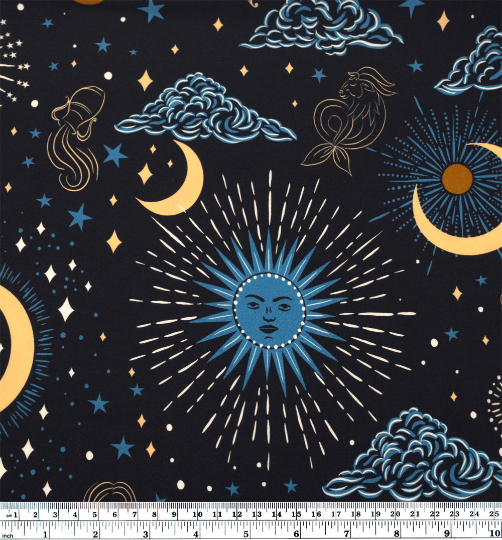 Written In The Stars Printed Viscose Challis - Midnight Blue/Ocean/Ochre | Blackbird Fabrics