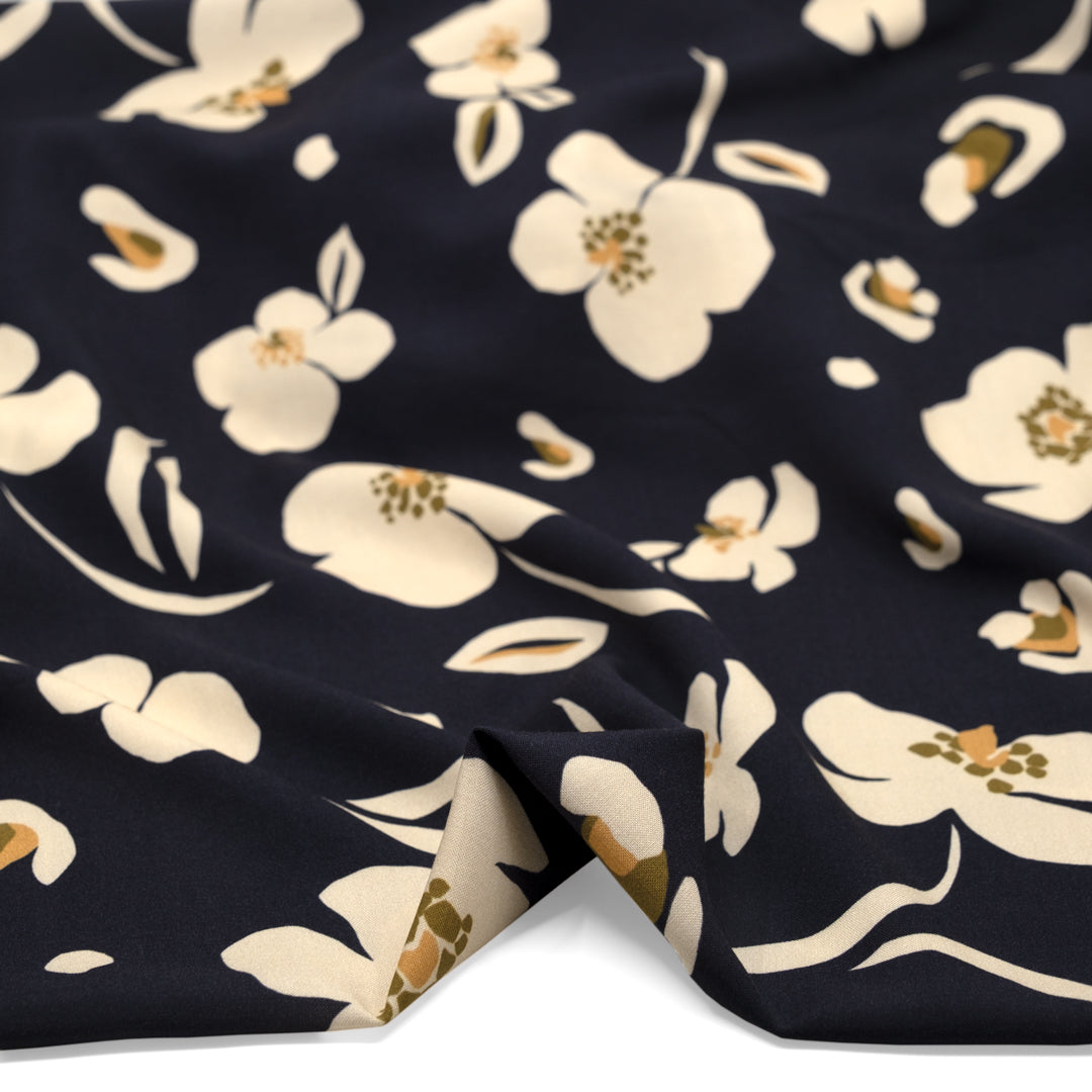Plucked Poppy Printed Viscose Challis - Midnight Blue/Cream | Blackbird Fabrics