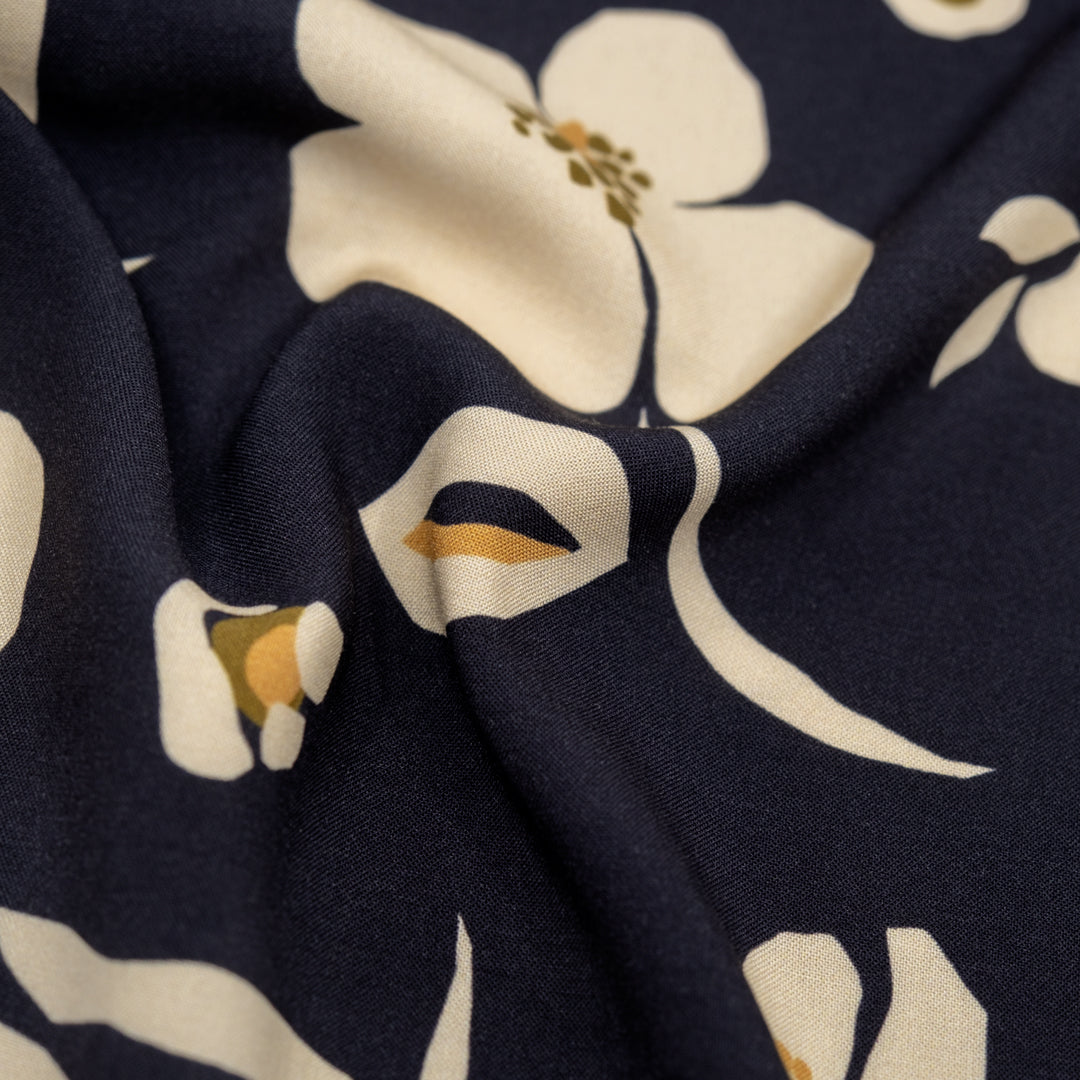 Plucked Poppy Printed Viscose Challis - Midnight Blue/Cream | Blackbird Fabrics