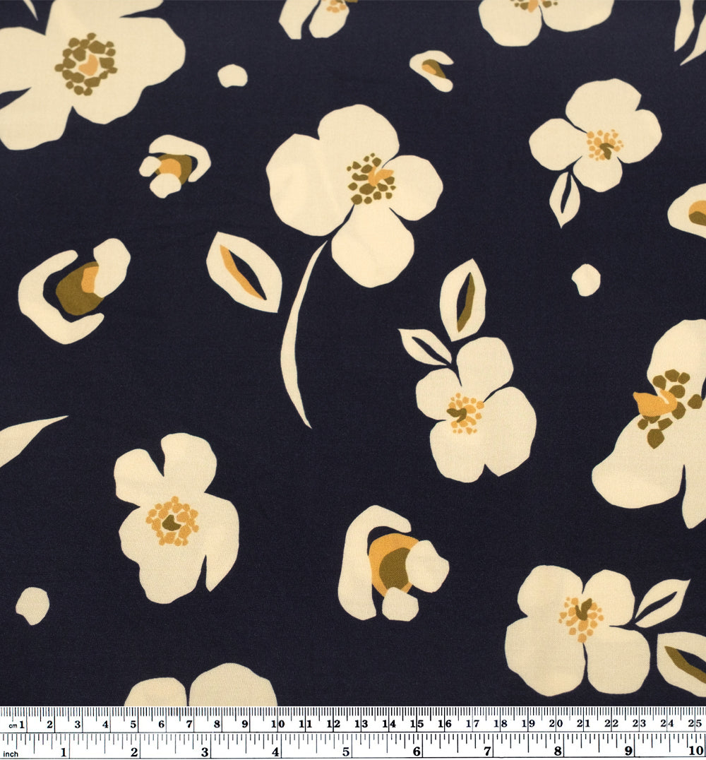 Plucked Poppy Printed Viscose Challis - Midnight Blue/Cream | Blackbird Fabrics