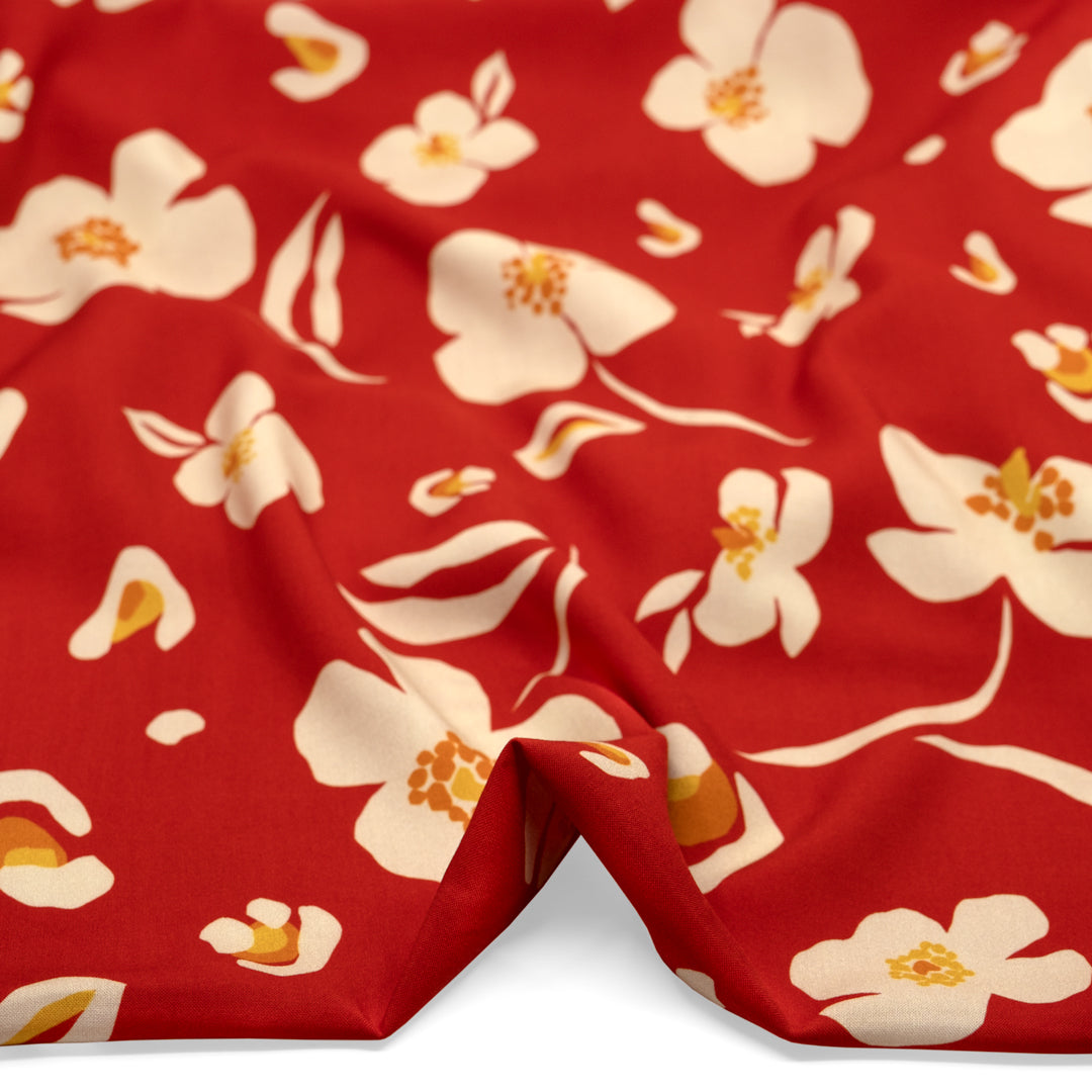 Plucked Poppy Printed Viscose Challis - Chili Pepper/Cream | Blackbird Fabrics