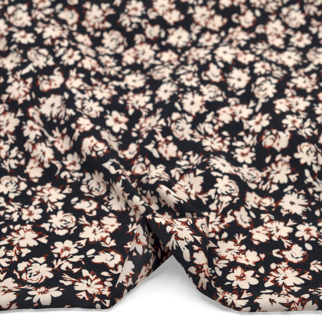 Floral Impression Printed Viscose Challis - Ink/Ivory/Madder | Blackbird Fabrics