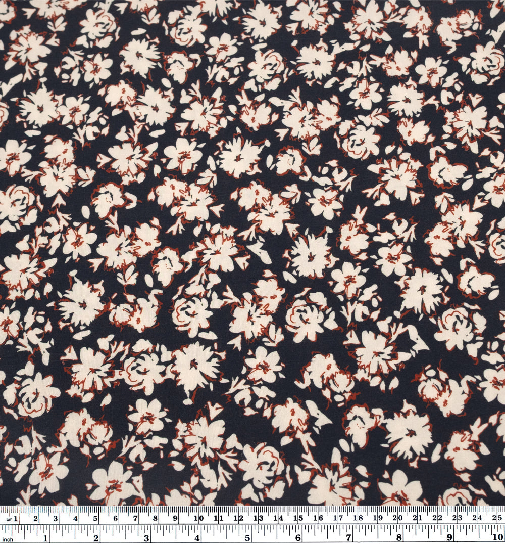 Floral Impression Printed Viscose Challis - Ink/Ivory/Madder | Blackbird Fabrics