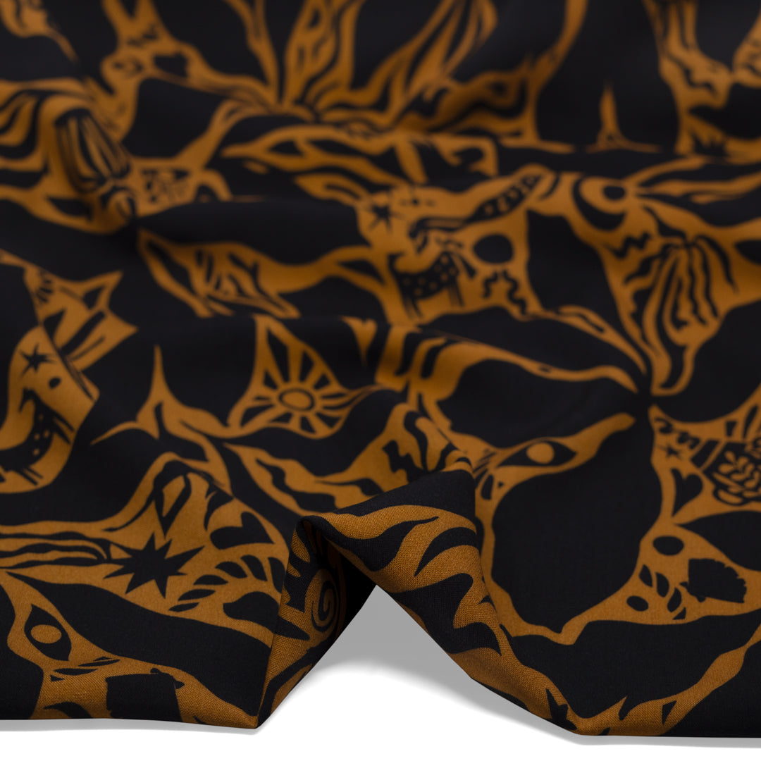 Mythology Viscose Challis - Black/Teak | Blackbird Fabrics
