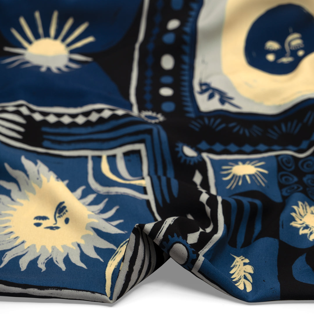 Celestial Bodies Printed Viscose Challis - Ocean/Black/Vanilla | Blackbird Fabrics