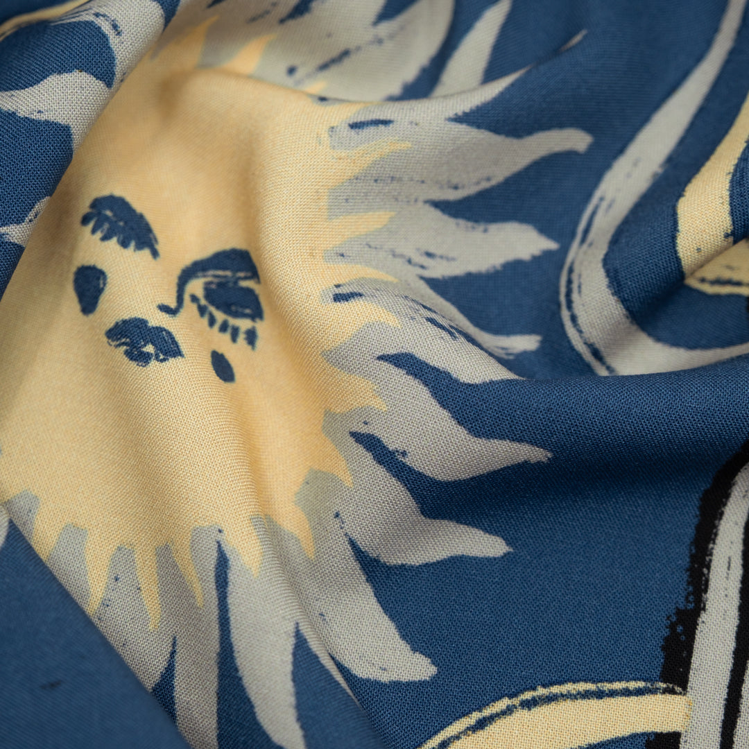 Celestial Bodies Printed Viscose Challis - Ocean/Black/Vanilla | Blackbird Fabrics