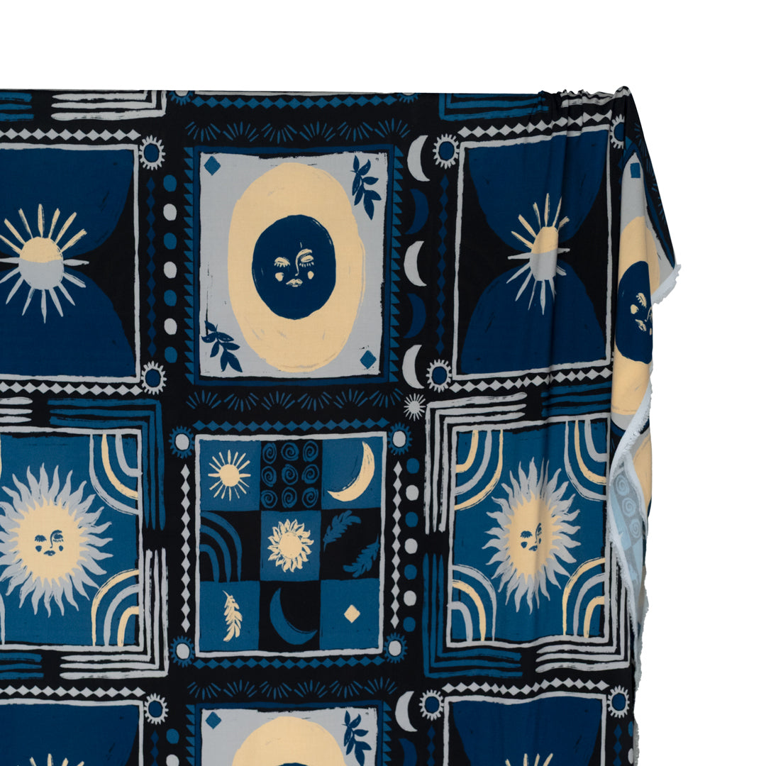 Celestial Bodies Printed Viscose Challis - Ocean/Black/Vanilla | Blackbird Fabrics