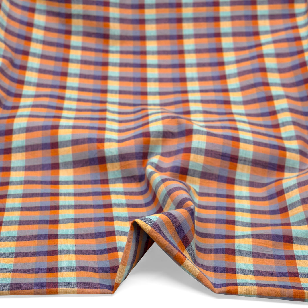 Multi Check Handwoven Cotton - Papaya/Ice Blue/Multi | Blackbird Fabrics