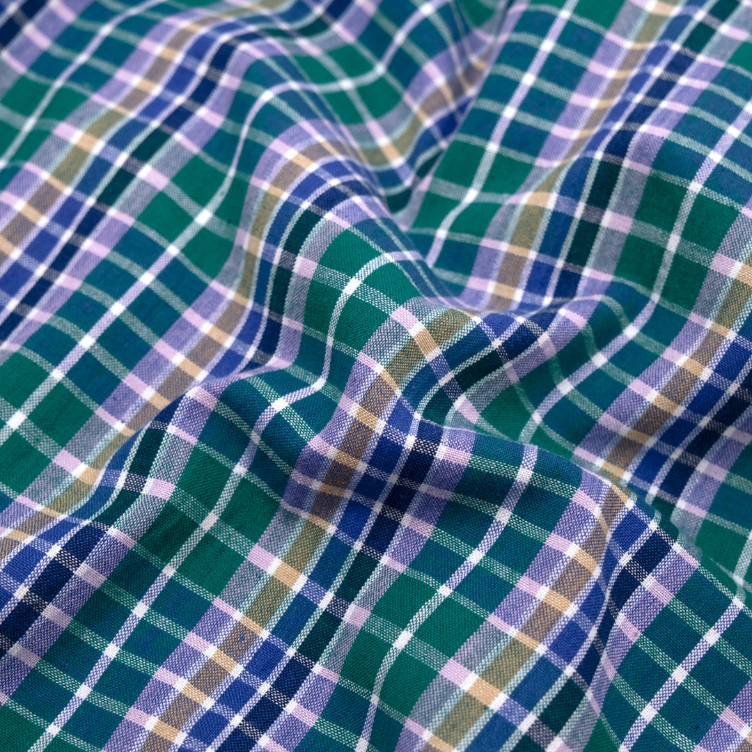 Plaid Lightweight Handwoven Cotton - Emerald/Lilac/Multi | Blackbird Fabrics