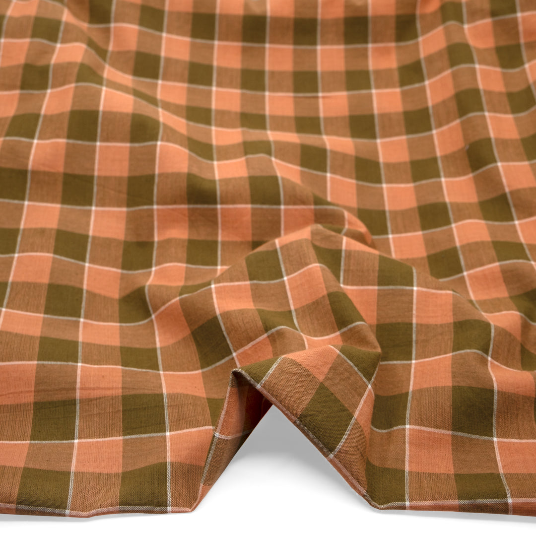 Check Handwoven Cotton - Moss/Dusty Peach | Blackbird Fabrics
