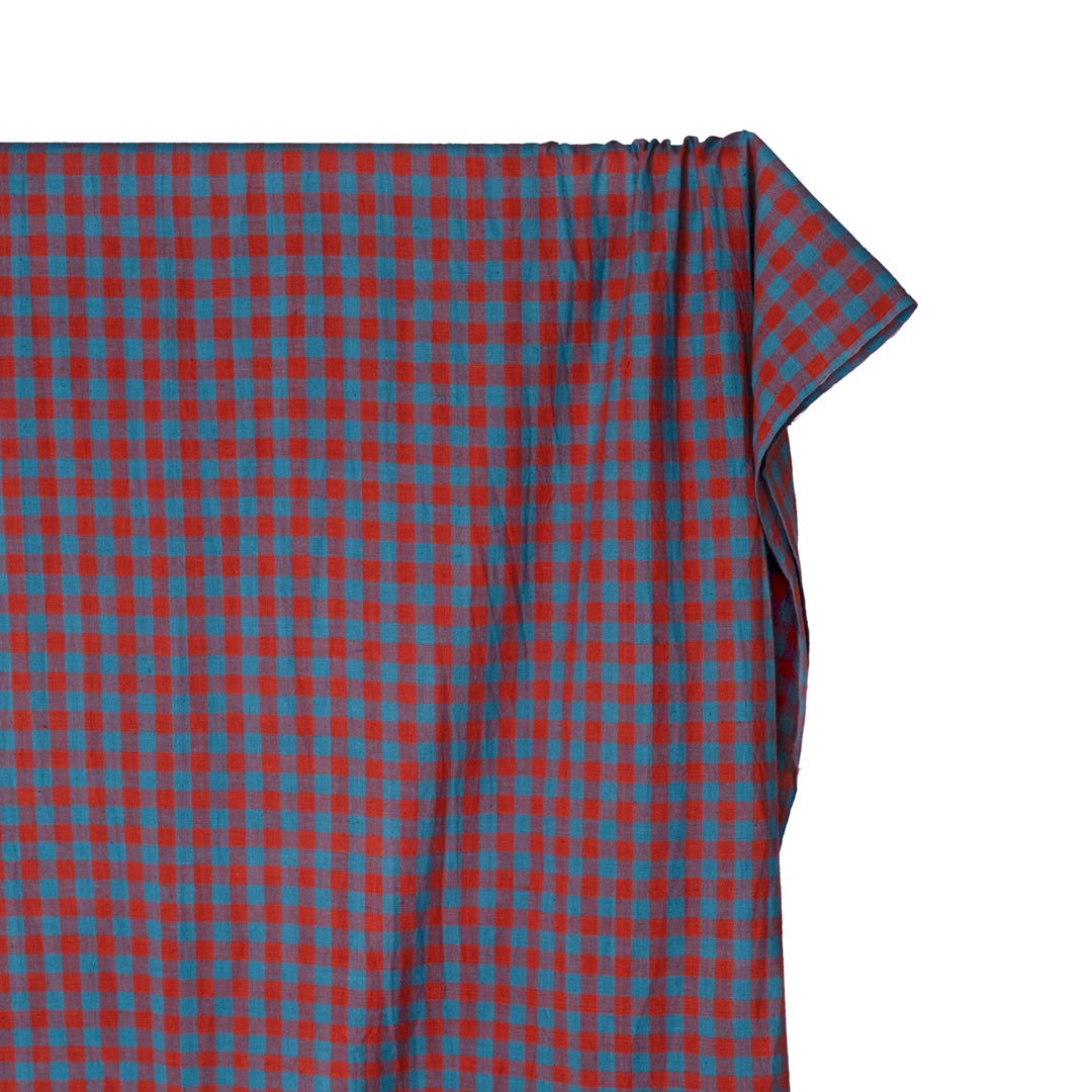 Gingham Handwoven Khadi Cotton - Nectarine/Waterfall | Blackbird Fabrics