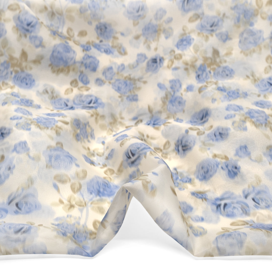 Deadstock Watercolour Floral Organza - Ivory/Cornflower | Blackbird Fabrics