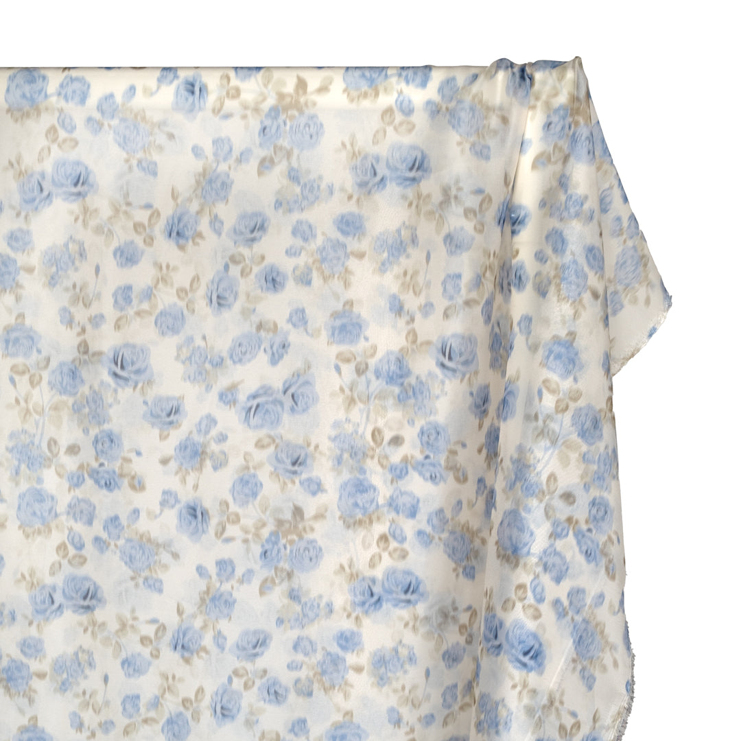 Deadstock Watercolour Floral Organza - Ivory/Cornflower | Blackbird Fabrics