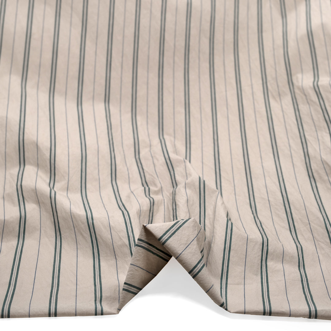 Deadstock Striped Cotton Nylon Shirting - Pebble/Petrol | Blackbird Fabrics
