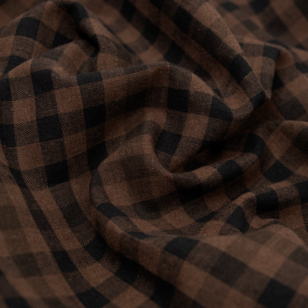 Gingham Yarn Dyed Cotton Linen - Pinecone/Black | Blackbird Fabrics