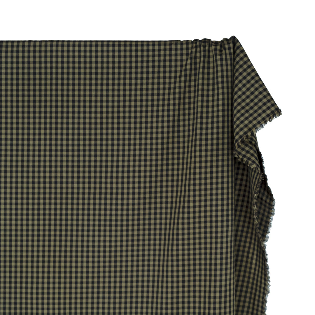 Confetti Mini Gingham Cotton Shirting - Olive/Black | Blackbird Fabrics