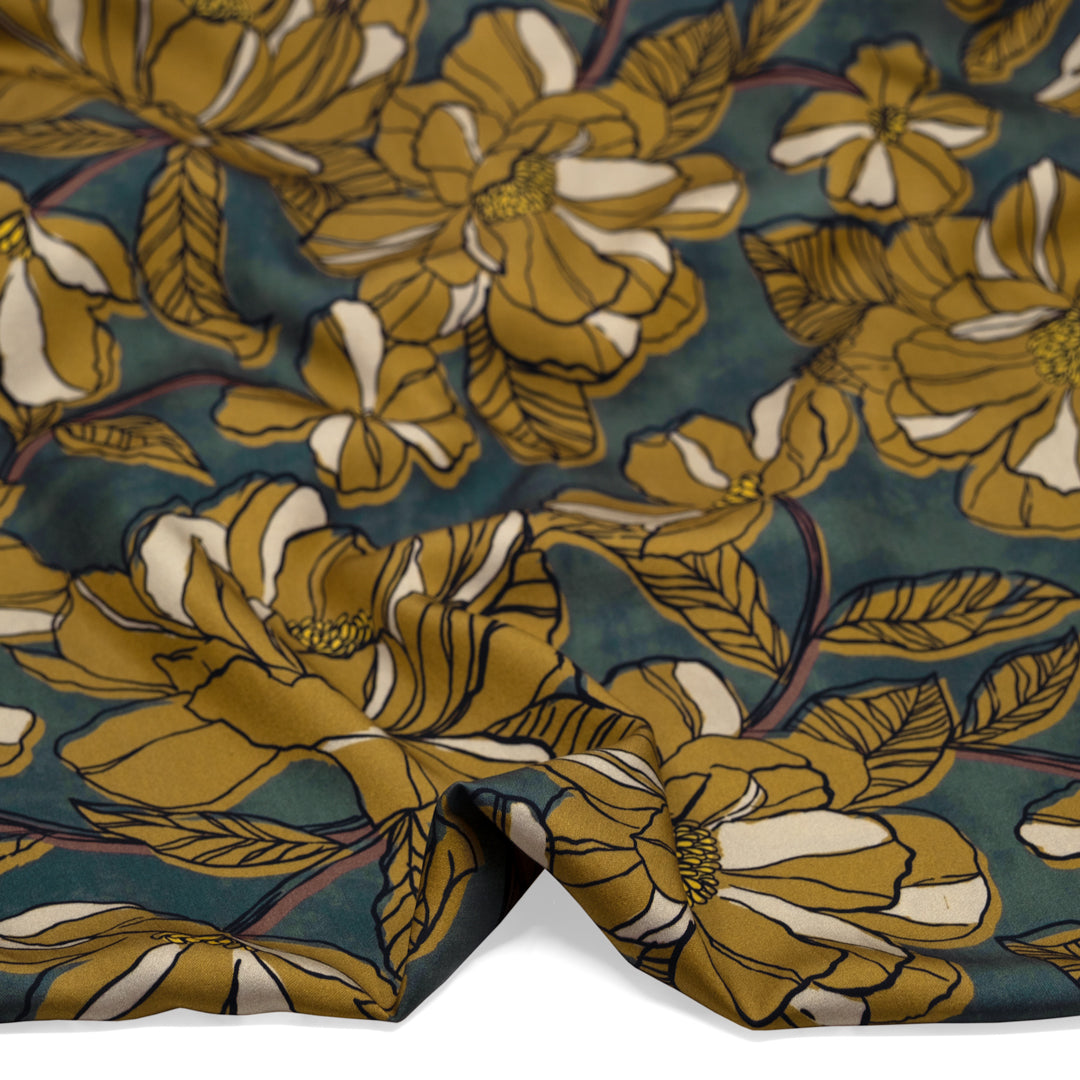 Meadow Impression Viscose Sateen - Pine/Antique Gold | Blackbird Fabrics