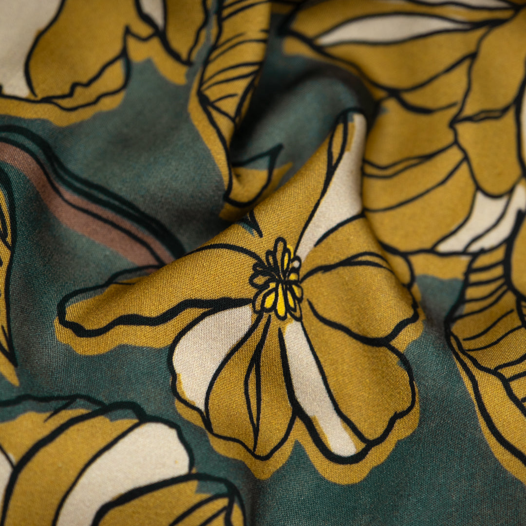 Meadow Impression Viscose Sateen - Pine/Antique Gold | Blackbird Fabrics
