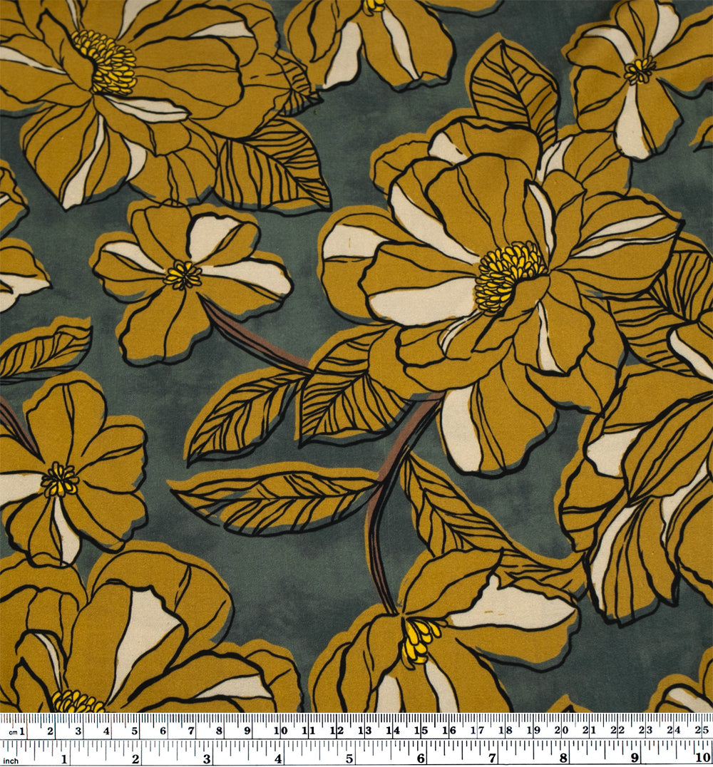 Meadow Impression Viscose Sateen - Pine/Antique Gold | Blackbird Fabrics