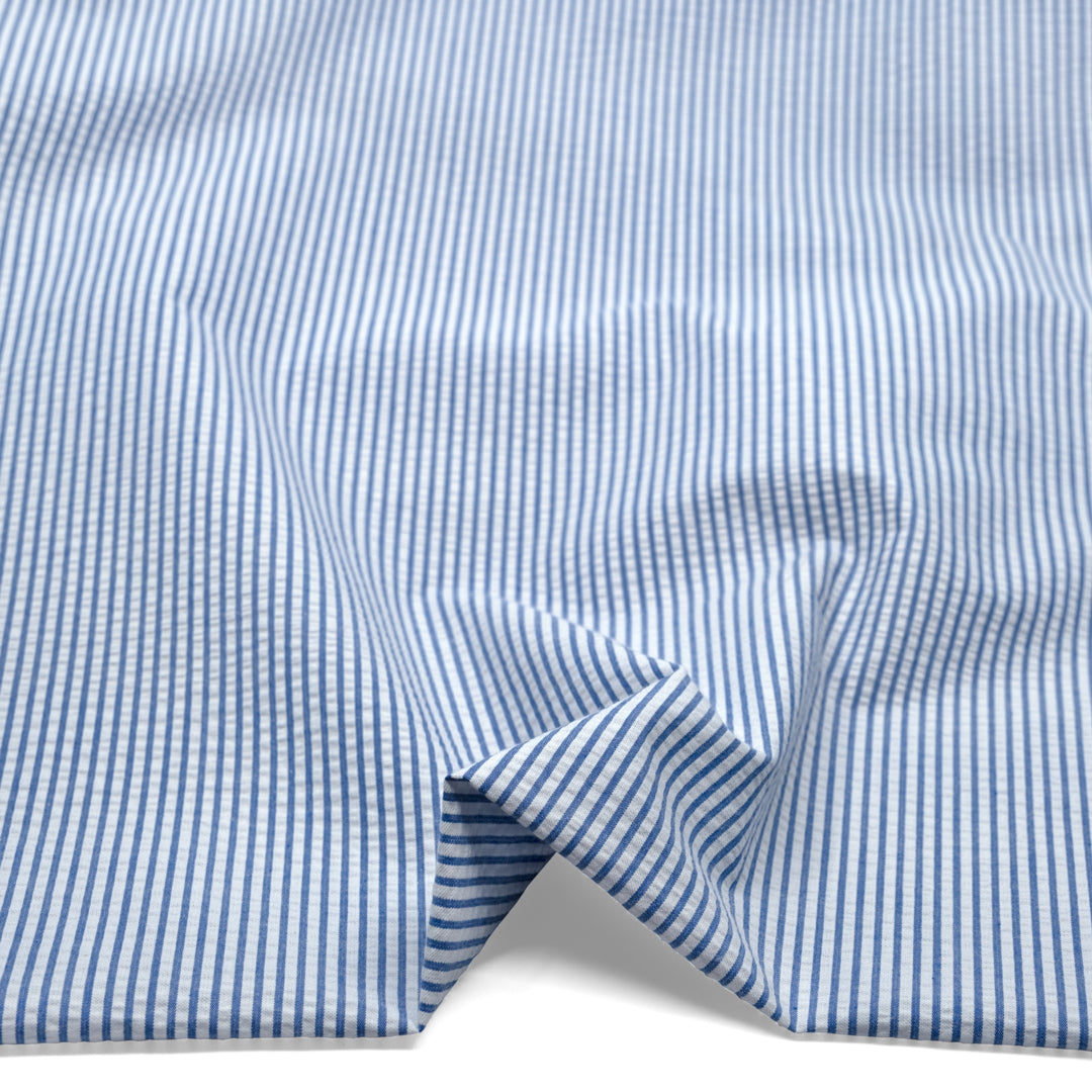 Mini Stripe Cotton Seersucker - Cornflower/White | Blackbird Fabrics