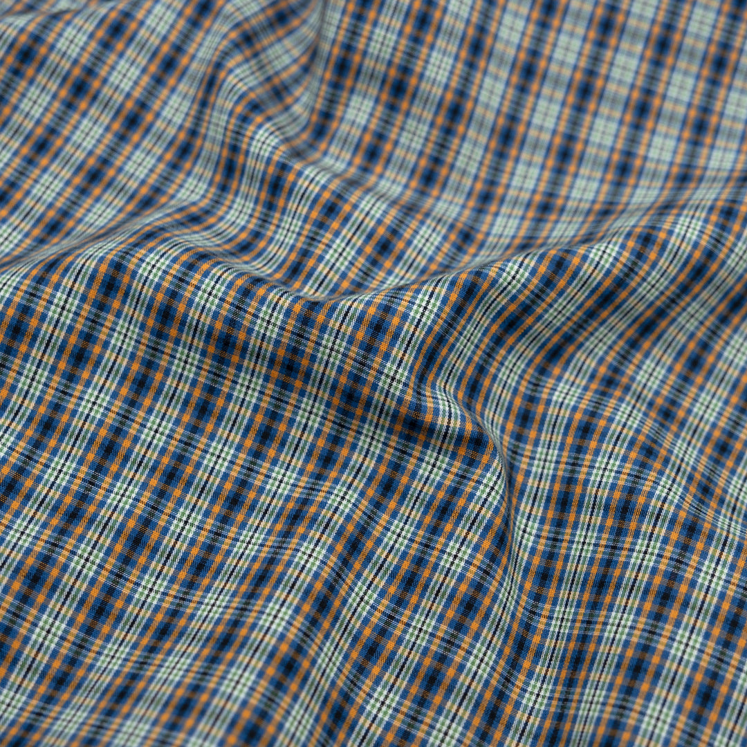 Mini Plaid Cotton Shirting - Royal Blue/Tangerine/Multi | Blackbird Fabrics