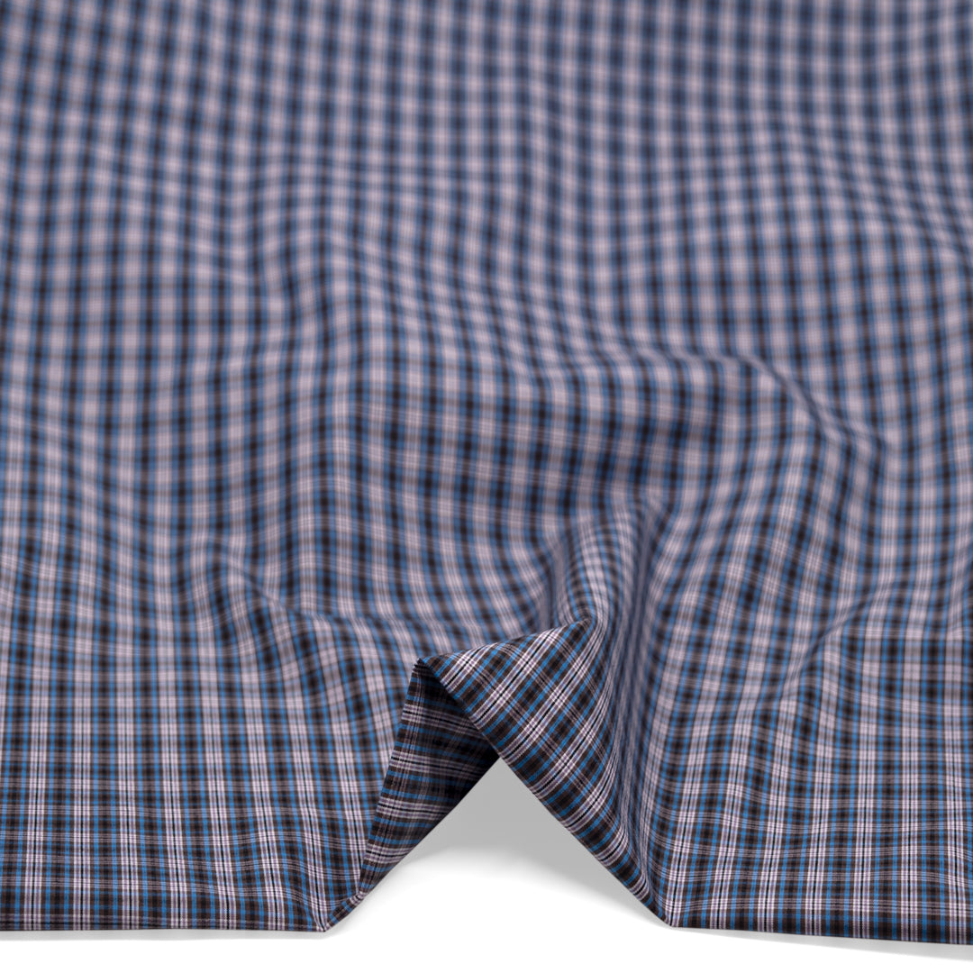 Mini Plaid Cotton Shirting - Cerulean/Umber | Blackbird Fabrics
