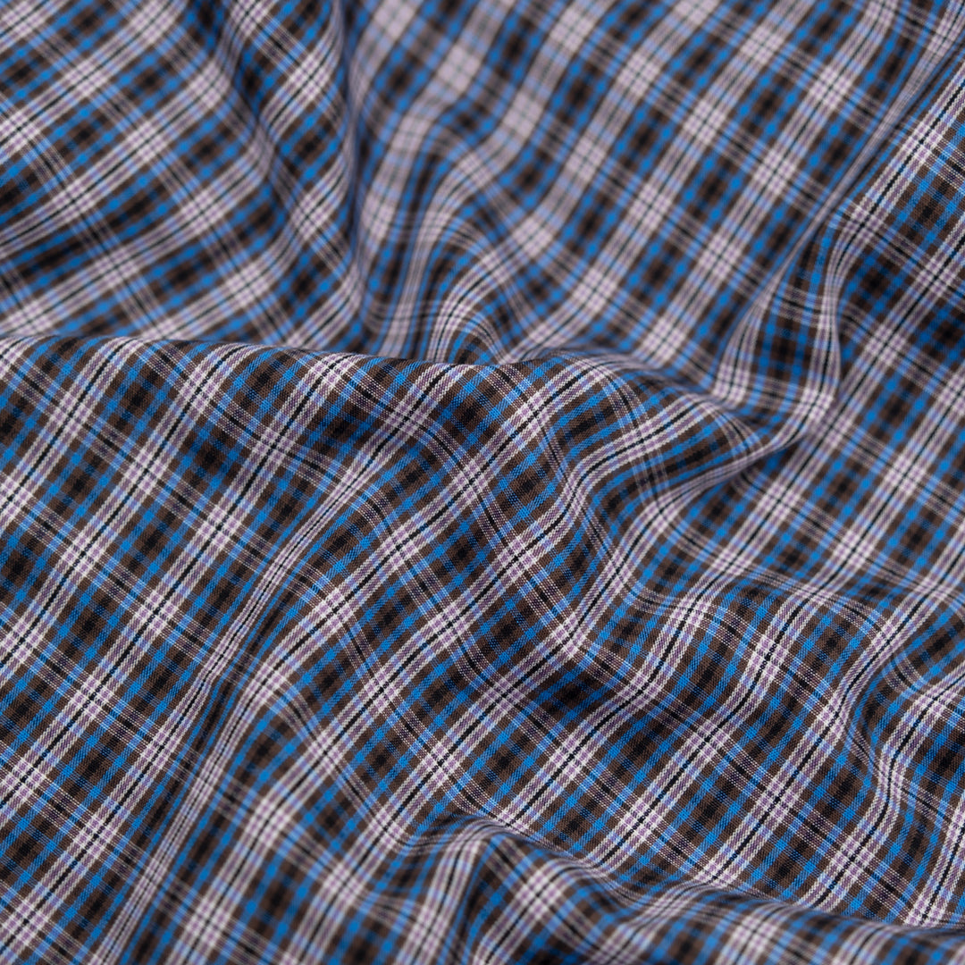 Mini Plaid Cotton Shirting - Cerulean/Umber | Blackbird Fabrics